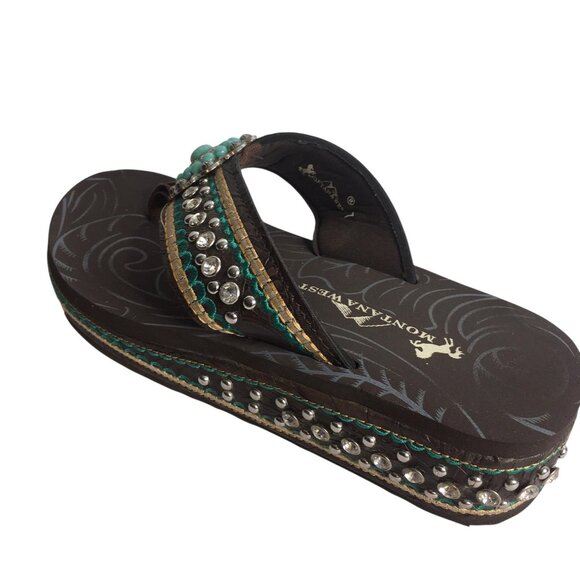 Montana West Sandals Womens Size 7 Brown Turquoise Wedge Flip Flop Rhinestone - Picture 9 of 11